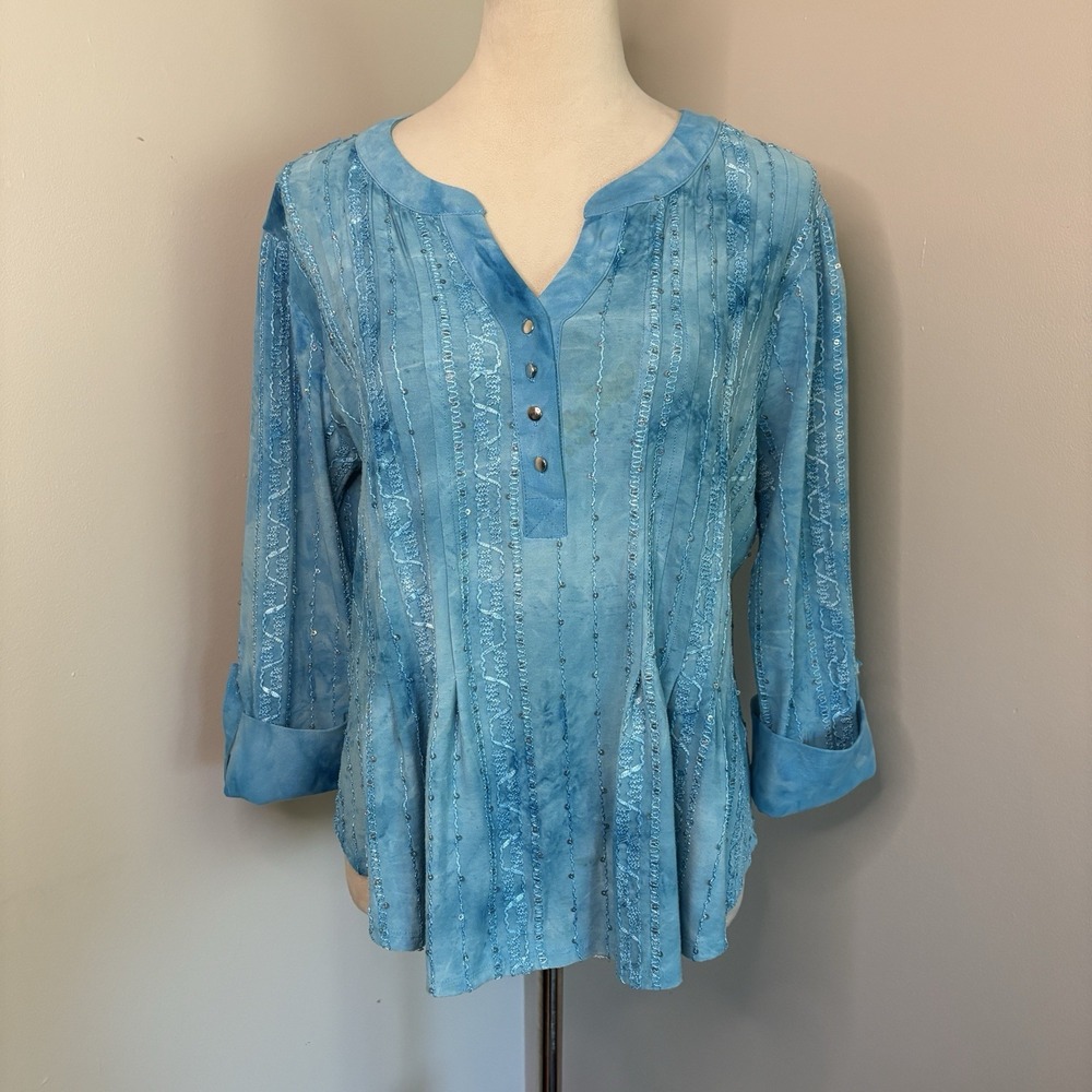 SAMI & JO Boho Tie Dye Sequin Embroidered Pleated Top Roll Tab Slv Blue Large PL